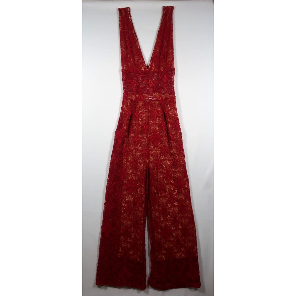 Nightcap Free People Fleur Lace Jumpsuit Red V Neck Stretchy Anthropologie 2 - Picture 5 of 14